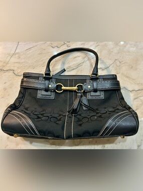 Vintage Coach Black Signature Canvas Shoulder Bag, leather straps, Gold Hardware